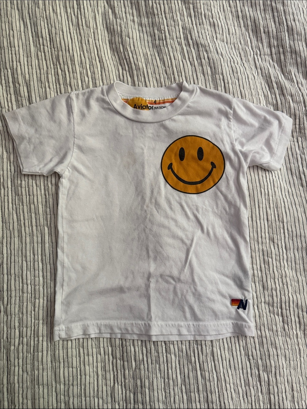 Aviator Nation Kids White Tee with Yellow Smiley Patch on